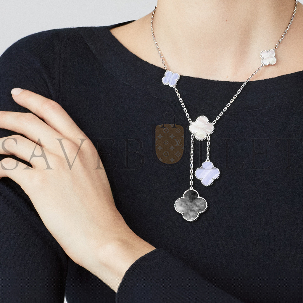 V*N CL*F arpels magic alhambra necklace, 6 motifs - white gold, chalcedony, mother-of-pearl vcarn18900